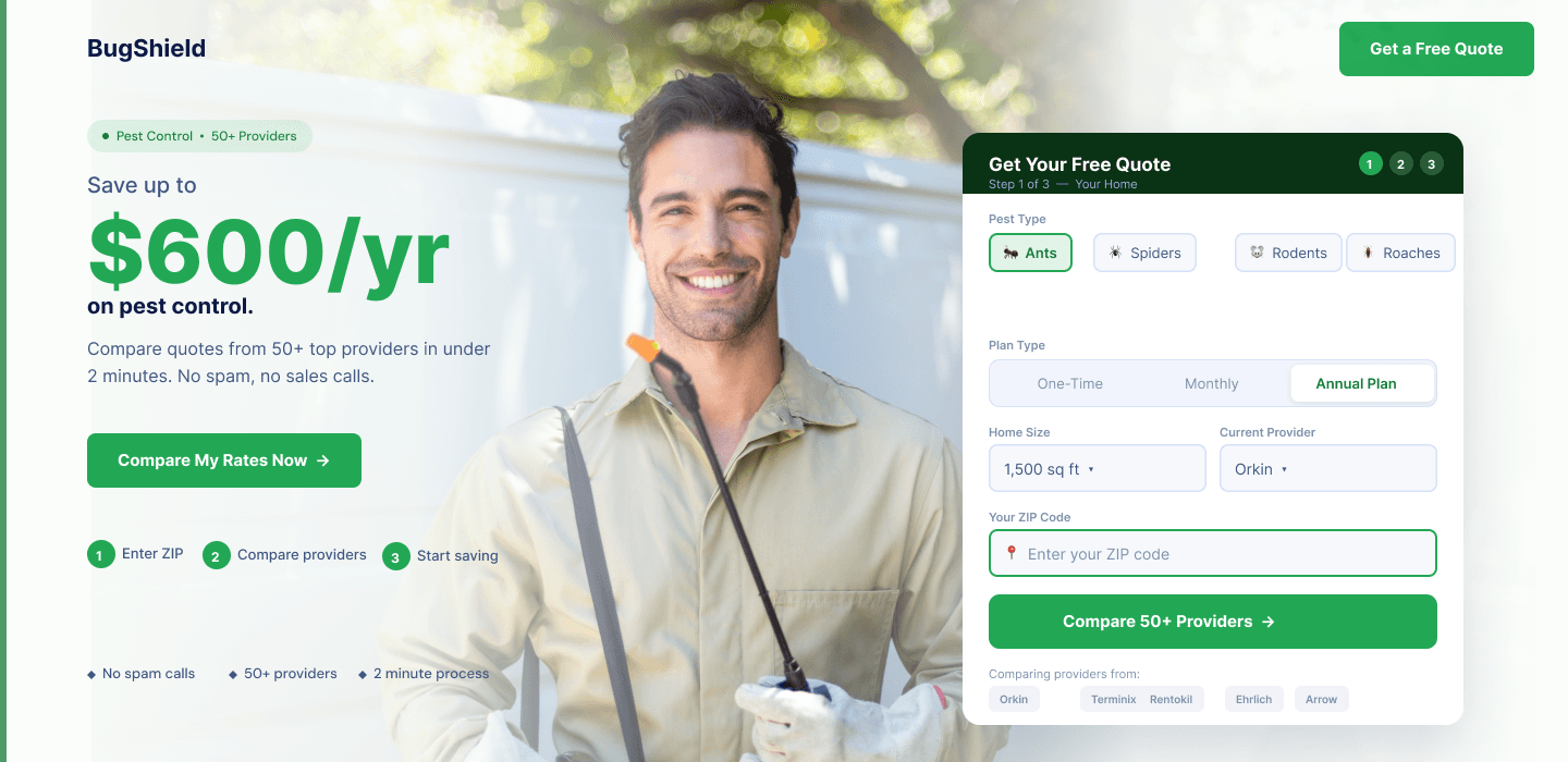 Pest control landing page preview