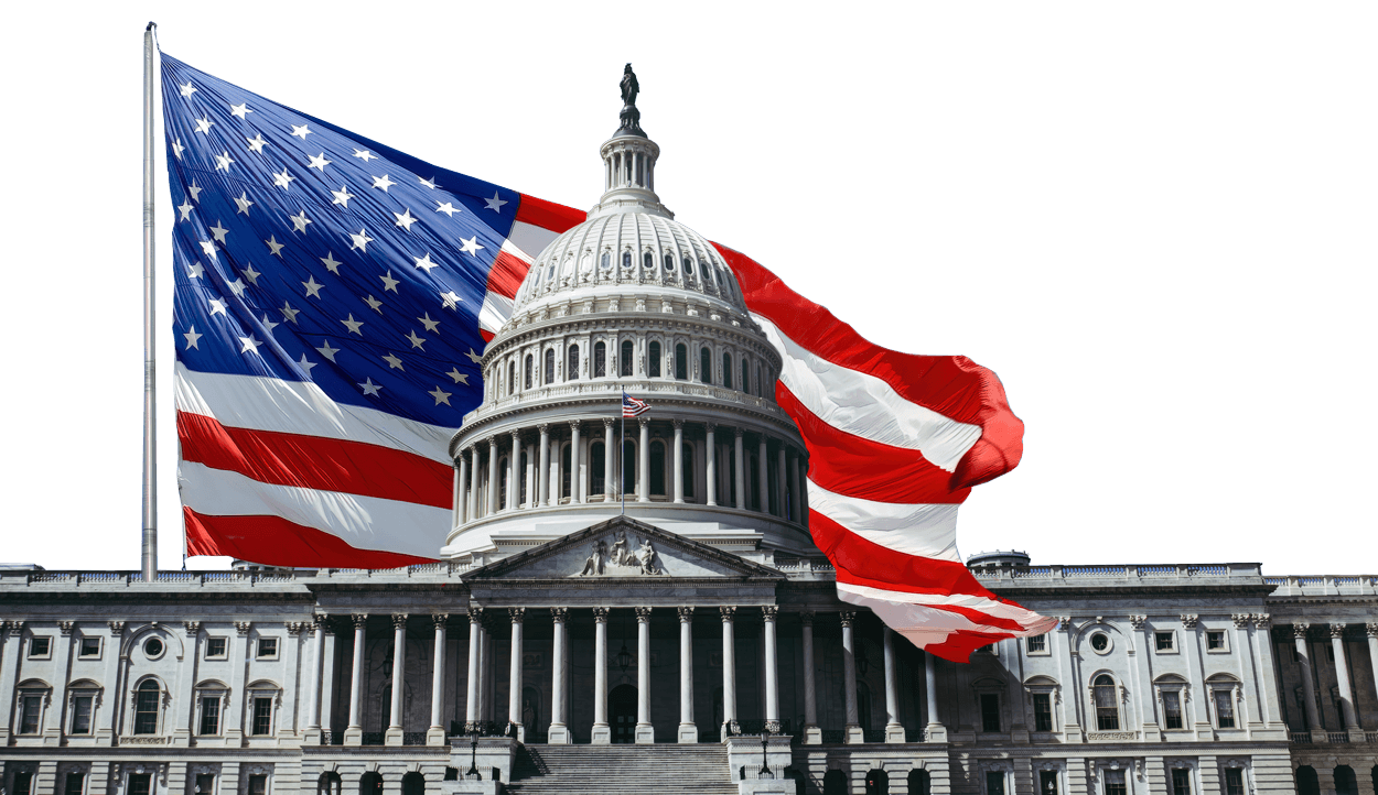 United States Capitol with an American flag